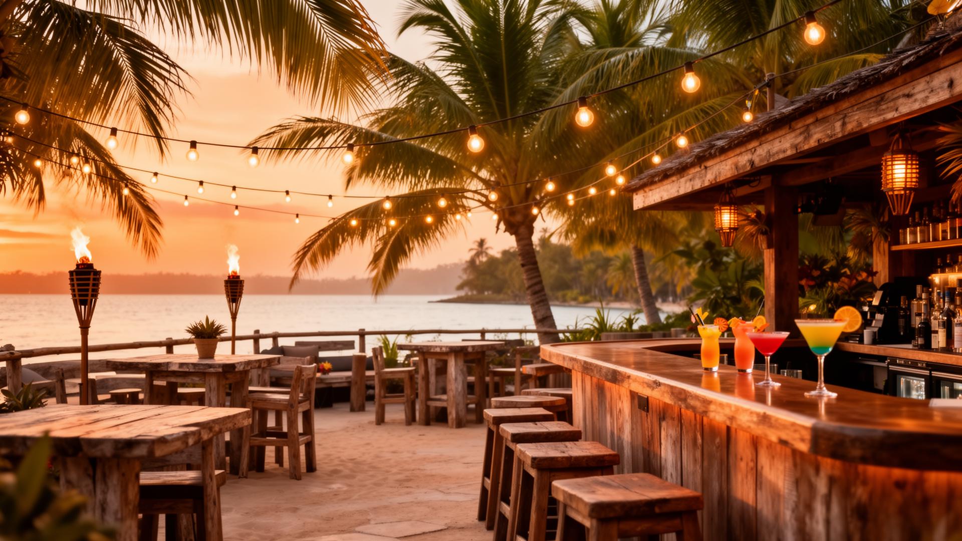 Tropical pub patio at golden hour with string lights and tiki torches