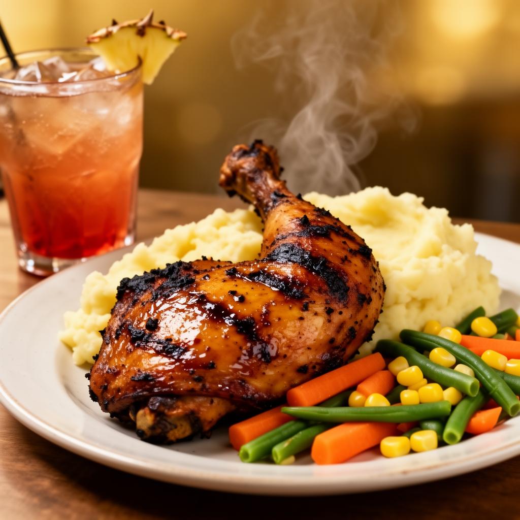 Jamaican jerk chicken with mashed potatoes and vegetables