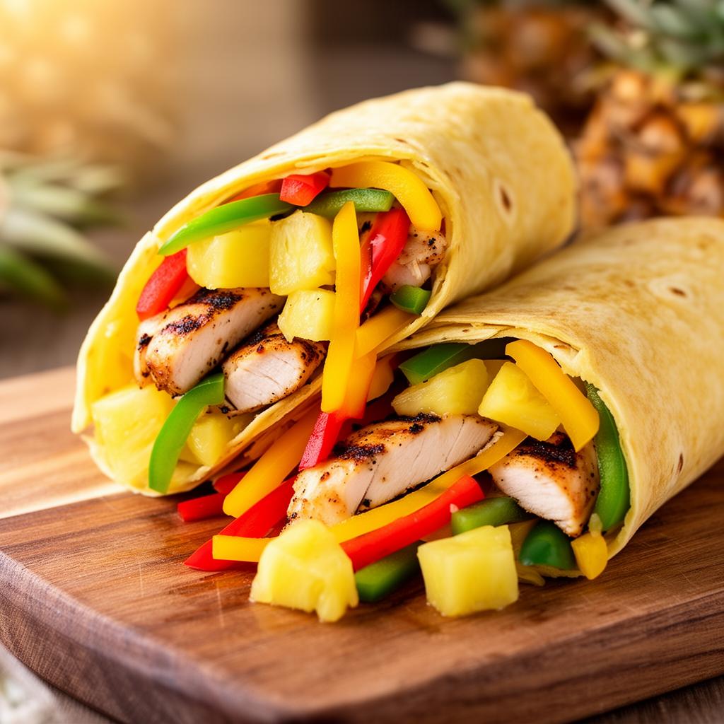 Tropical pub wrap with grilled chicken, pineapple, and red, yellow, and green bell peppers