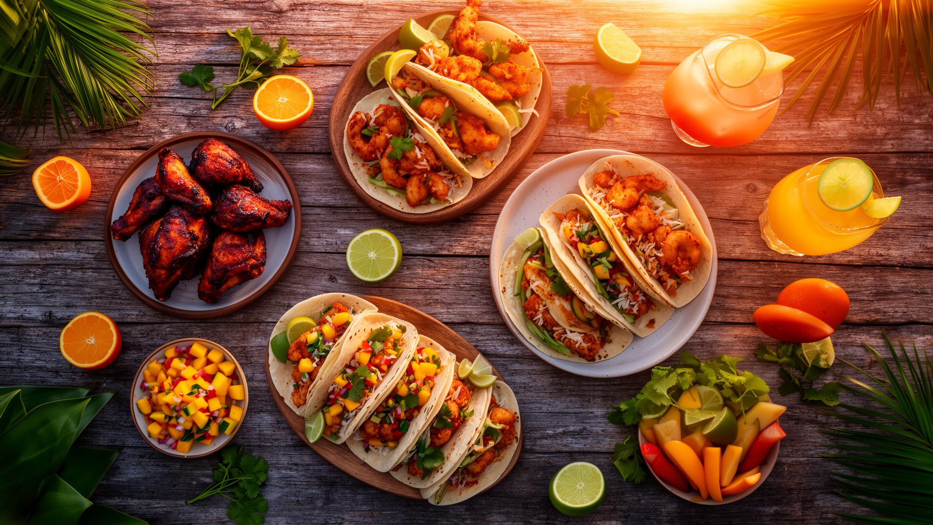 Tropical feast of jerk chicken, fish tacos and cocktails at golden hour