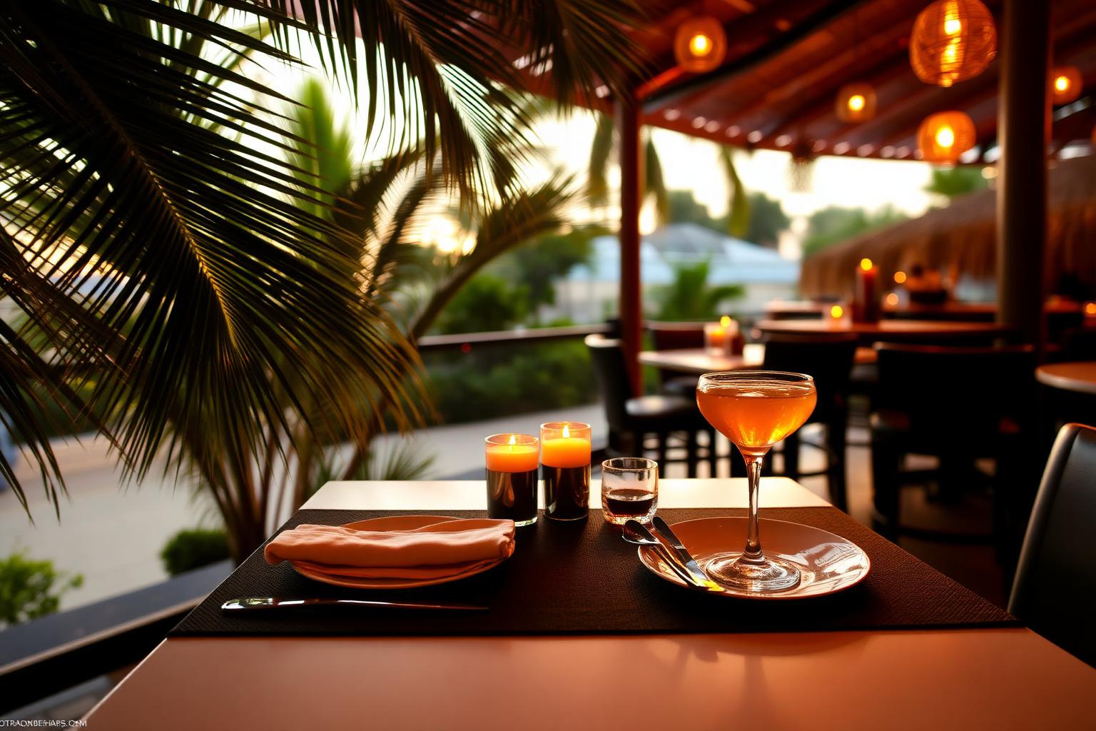 Candlelit tropical pub dinner table at sunset